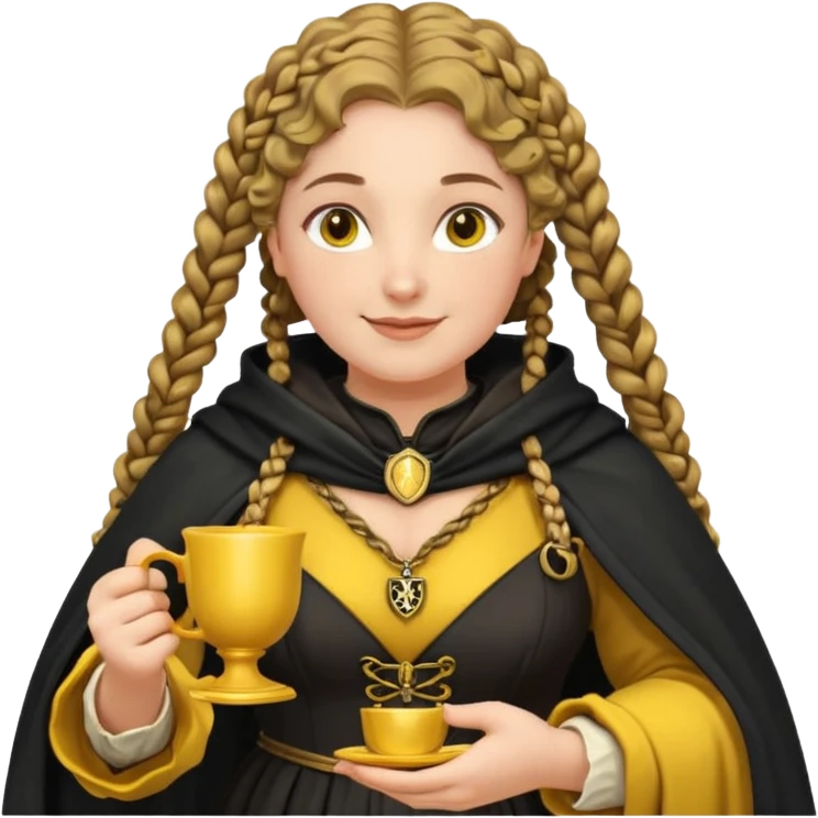 Helga Hufflepuff, 2 curly thick brown braids, yellow-black medieval dress, black cloak decorated with gold braiding, tiny two-handled shiny yellow-gold cup, very kind smile, curvy busty sweet woman, thick rosy cheeks emoji