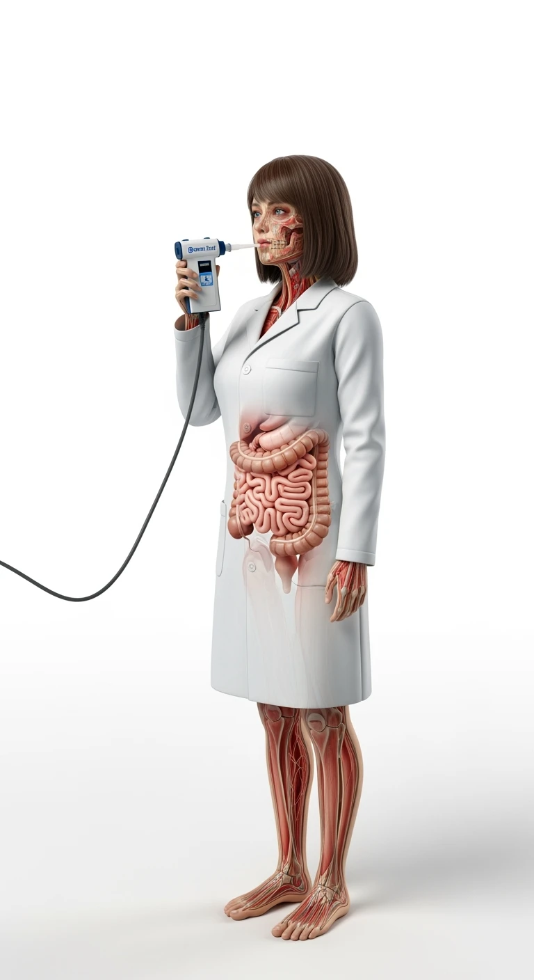 donna a figura intera con intestino anatomico realistico in evidenza che fa il "Breath test", iperrealistica 4k, sfondo bianco emoji