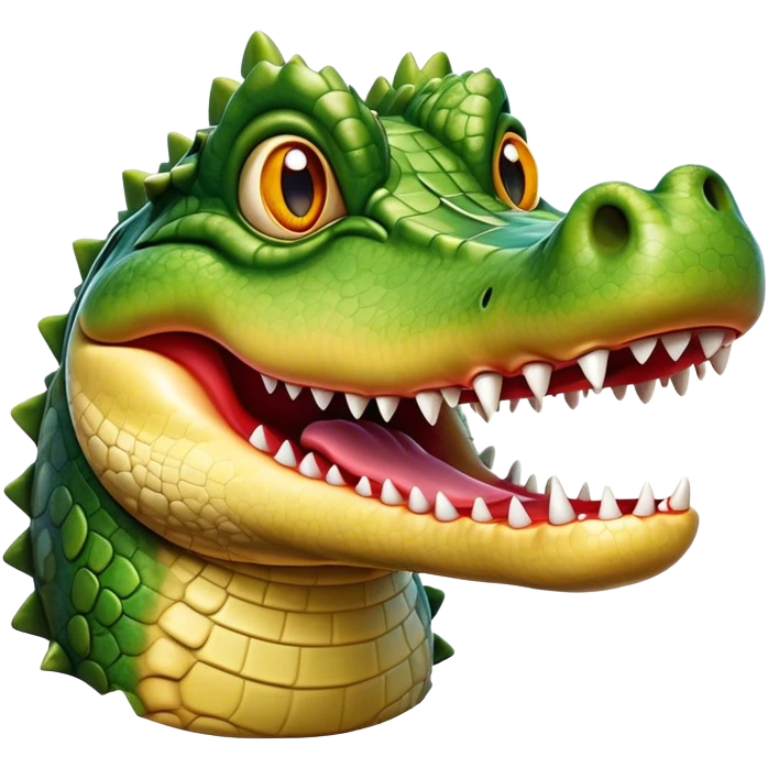 Cinematic Realistic Comical Crocodile Portrait Emoji, Head tilted dramatically with an exaggeratedly amused expression, featuring a striking, glossy scaly hide with bold textures and wide, expressive eyes full of playful disbelief, rendered with vivid natural hues and lifelike detail, high shine, dramatic yet playful, styled with an air of cheeky aquatic mischief, soft glowing outline, capturing the essence of a spirited and over‐the‐top crocodile that looks ready to snap its jaws in a burst of viral wild humor! emoji