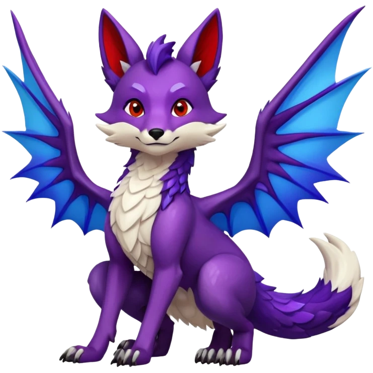 Animated Fox dragon hybrid face front full body dark purple and blue and red emoji