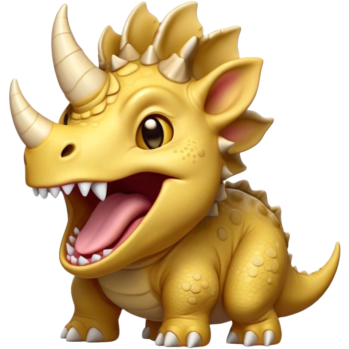 Cinematic Cute Yawning Triceratops Portrait Emoji, Head tilted slightly with a dramatic, wide-open yawn, showcasing a robust, horned body with a frilled head and sleepy, half-closed eyes, Simplified yet irresistibly cute features, highly detailed, glowing with a soft, cozy prehistoric glow, high shine, relaxed yet expressive, stylized with a dash of whimsical ancient charm, soft glowing outline, capturing the essence of a drowsy yet affectionate Triceratops that appears ready to stretch and yawn its way out of the screen! emoji