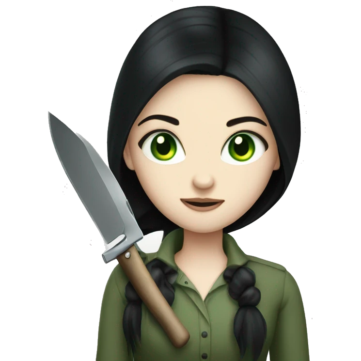 Long black hair girl pale skin green eyes with knife emoji