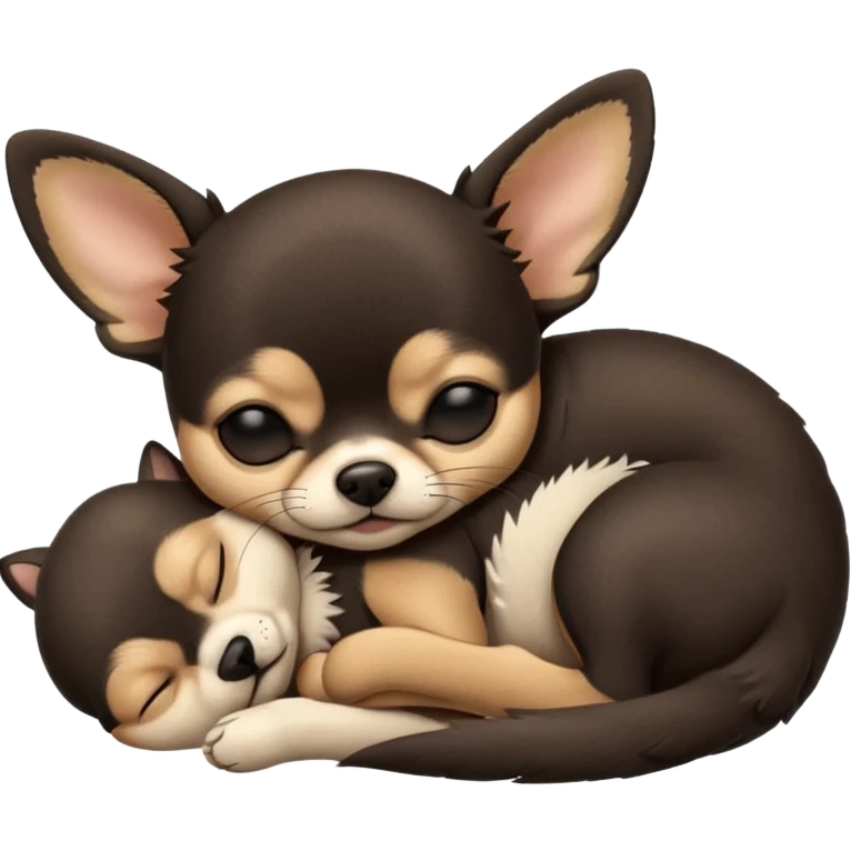A high-resolution photo-realistic digital illustration of a cute black and tan chihuahua with eyes closed shut sleeping lazily on the ground emoji