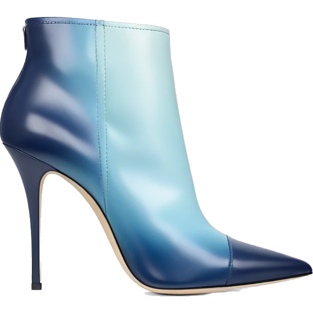 Realistic isolated top view of a pair of navy blue to pastel blue ombre Jimmy Choo stiletto heel ankle bootie boots. emoji