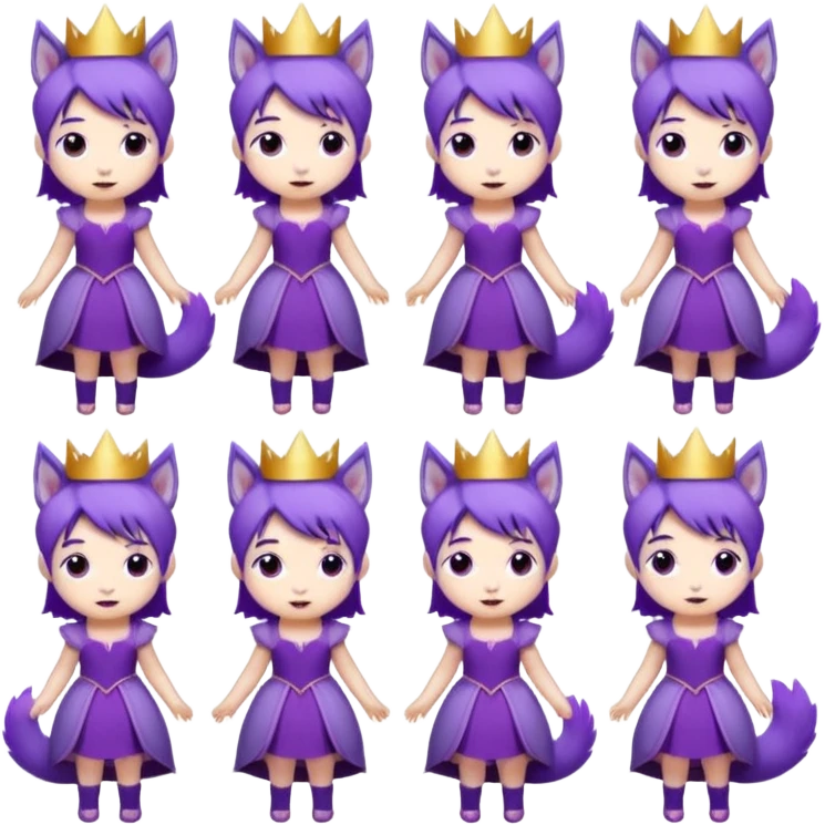 A collection of twelve chibi-style illustrations of a cute princess wearing a purple dress and crown with purple hair and purple wolf ears and purple wolf tail character. Each square shows the character doing something different against a white background And make a gap between each illusion emoji