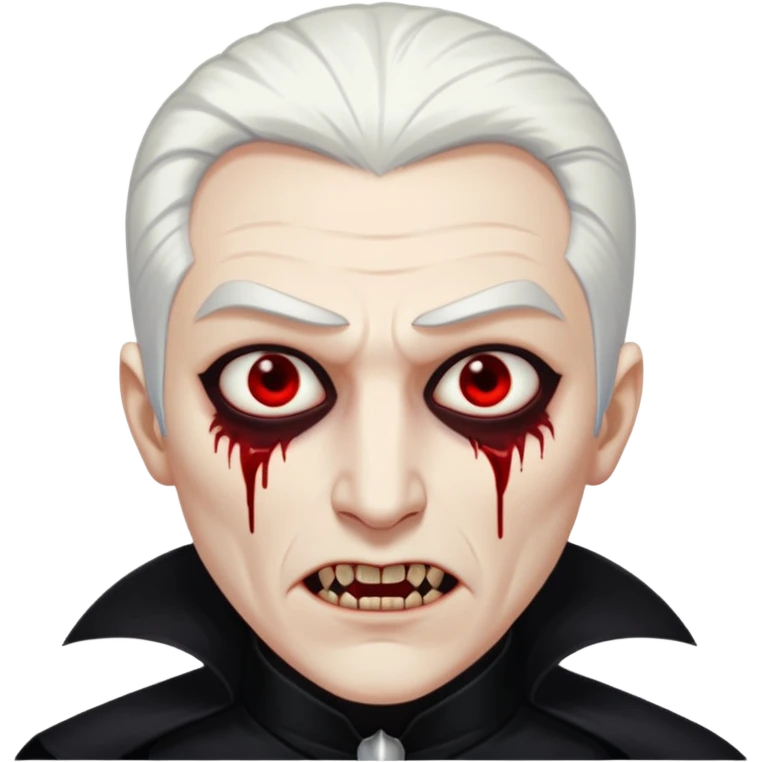 Creat a young man Vampire with white skin and white hair "make him have slide back hair" and full black vampire clothes and bloody eyes and long fangs and scary dead eyes emoji