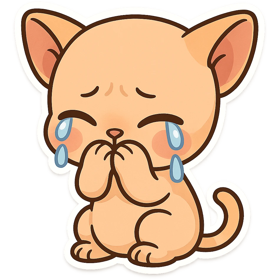 A bald orange cat with no hair on its head. The kitten is crying with its paws covering its mouth emoji