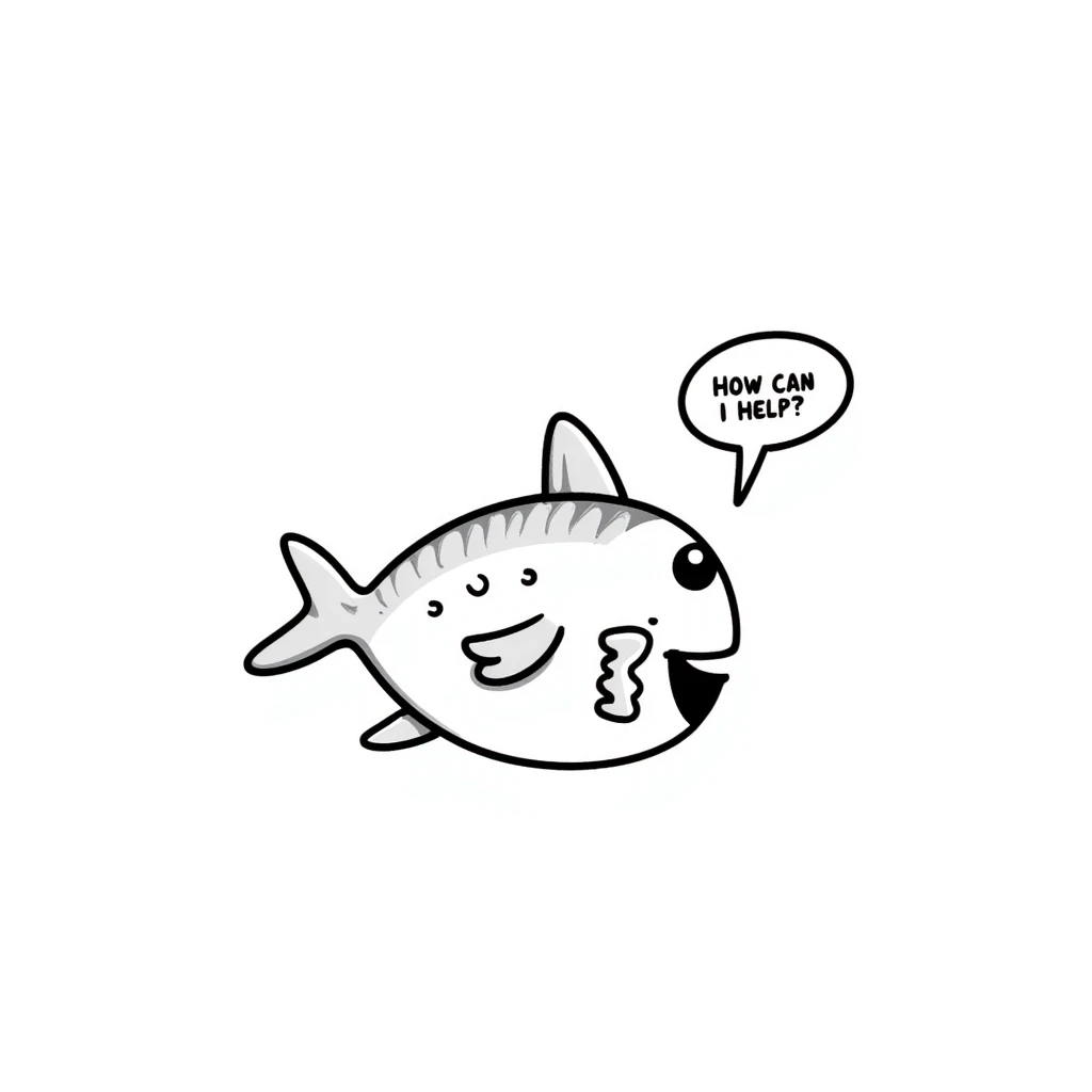 remora fish with a speech bubble saying 'How can I help?' emoji