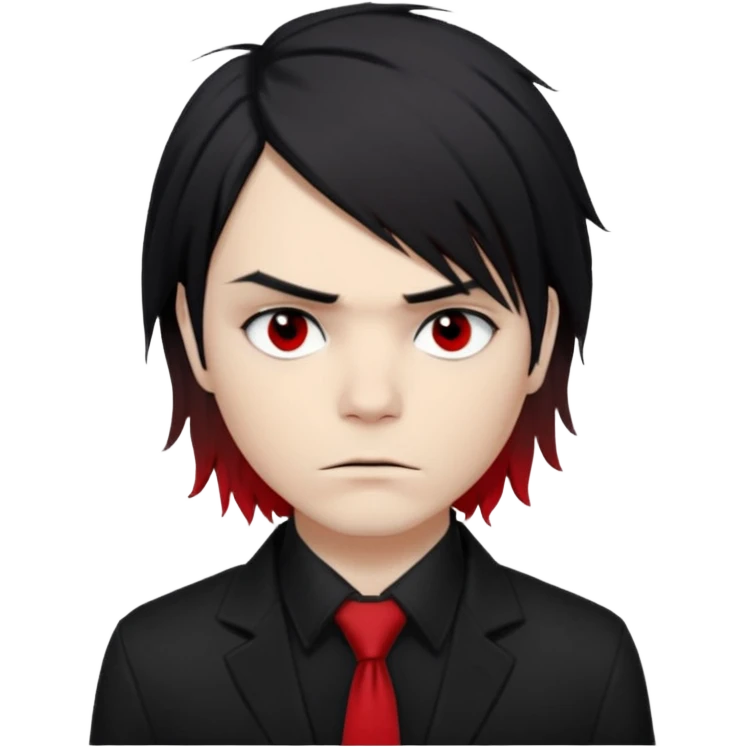 Gerard Way (Revenge Era)
Round, simplified emoji style
Pale skin tone
Jet-black, shoulder-length hair messy and emo
Heavy eyeliner and slight red shadow under the eyes
Subtle serious
Hint of red tie visible on black button up shirt.
Transparent background. Black eyeliner. Messy emo hair emoji