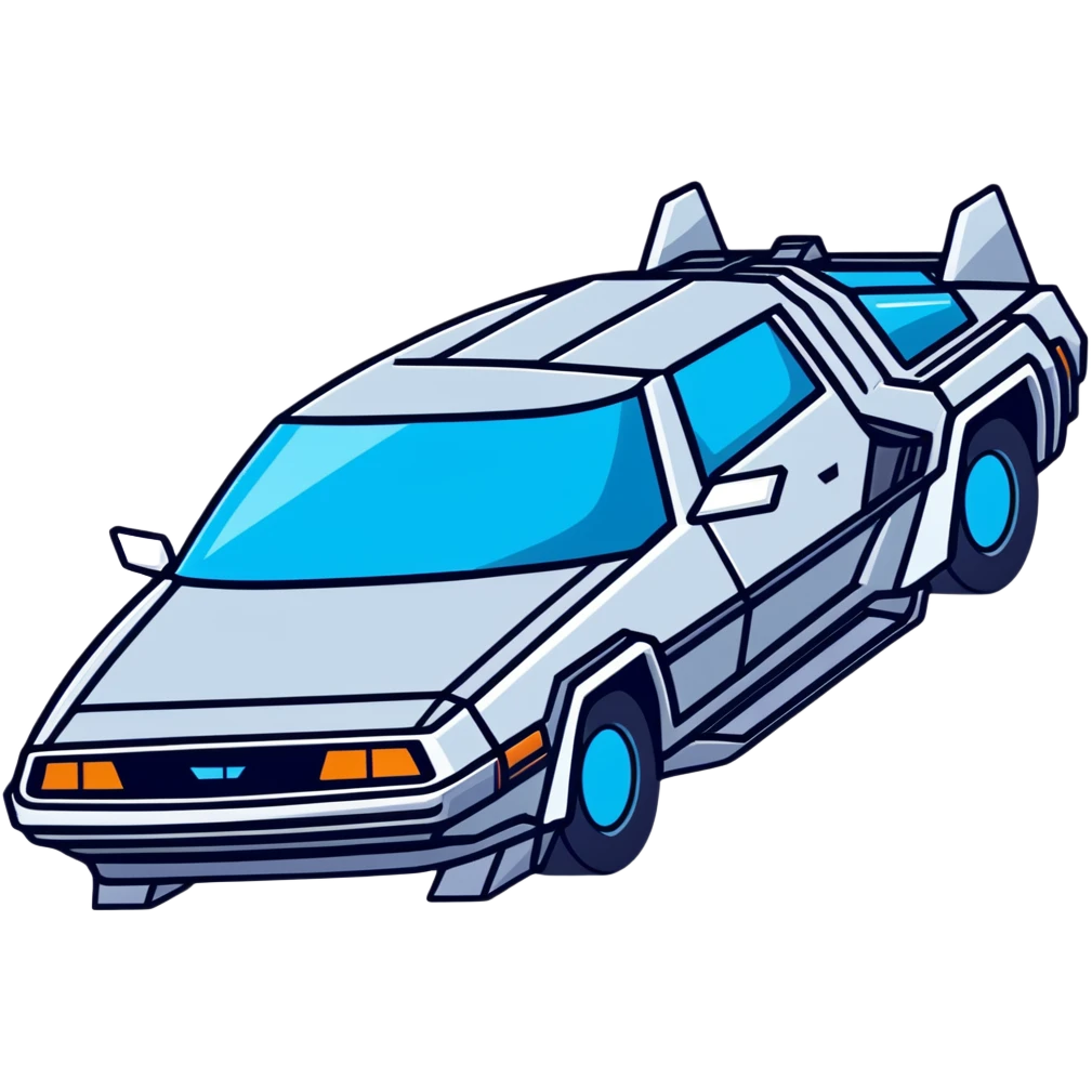 Top-down view of retro-futuristic hover car inspired by the DeLorean, open gullwing doors, silver metallic body with blue-tinted windows, stylized jet boosters in the back, flat vector style, outlined shapes, minimal design emoji