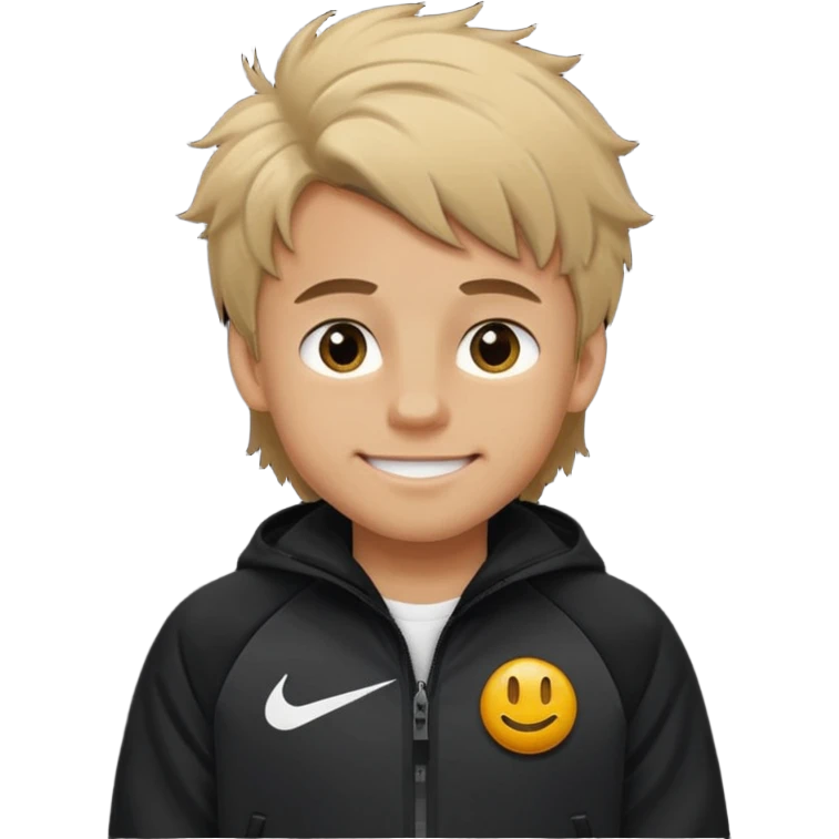 make a boy with fluffy dirty blond hair hazel eyes tan white smirky smile and nike tech emoji
