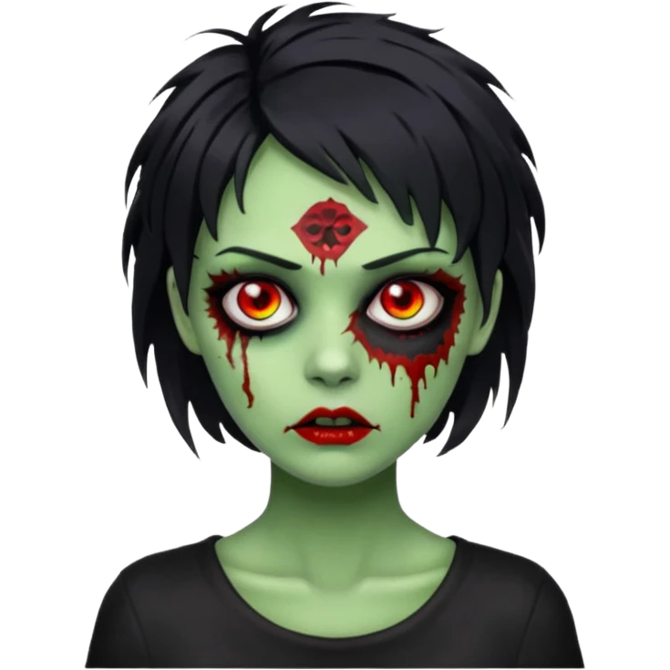 Uma zumbi de pele verde cabelo chanel todo preto bagunçado sem cabelo verde emoji