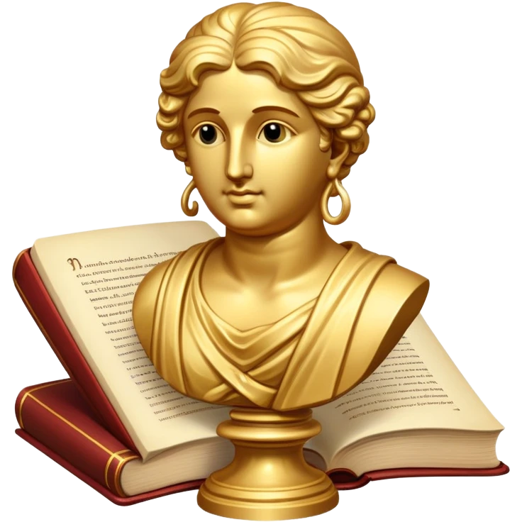 An icon featuring a classical bust, a book, and a question mark, symbolizing philosophy. The design includes a scroll with ancient text, evoking deep thought and intellectual inquiry. Transparent background highlights the search for knowledge and meaning emoji