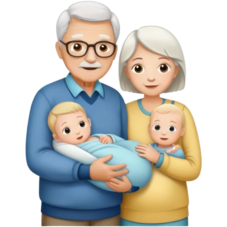 Grandparents holding a newborn with a 8 year old boy and a 5 year old girl standing next to them emoji