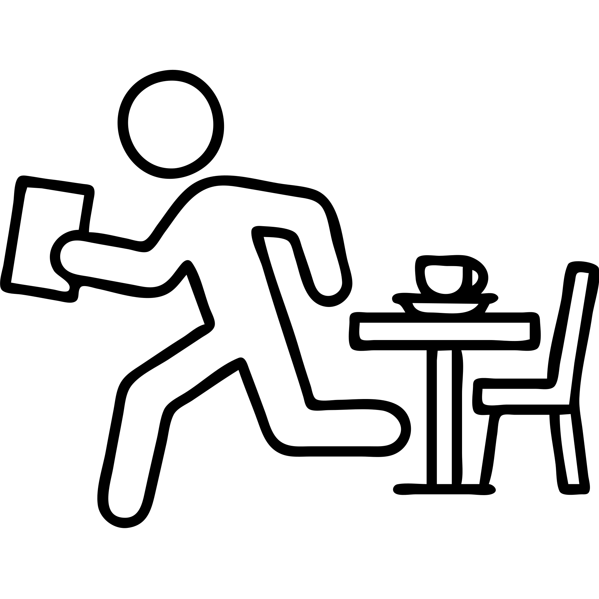 dine and dash, icon style, a person holding a bill running from a dining table, outline, clear action emoji