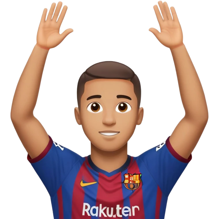 Raphinha Barcelona football player celebrating a goal arms raised wearing Barcelona kit short hair emoji