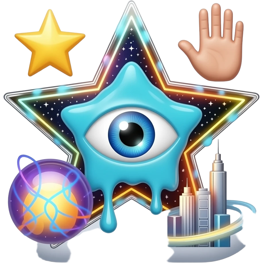 Emoji iOS 3D de emoción imposible: estrella líquida + rayo fractal + ojo galaxia + mano 7 dedos no euclidianos + ciudad orbitando.
Vidrio derretido + cromo + energía.
Luz contradictoria (atardecer + neón + supernova). emoji