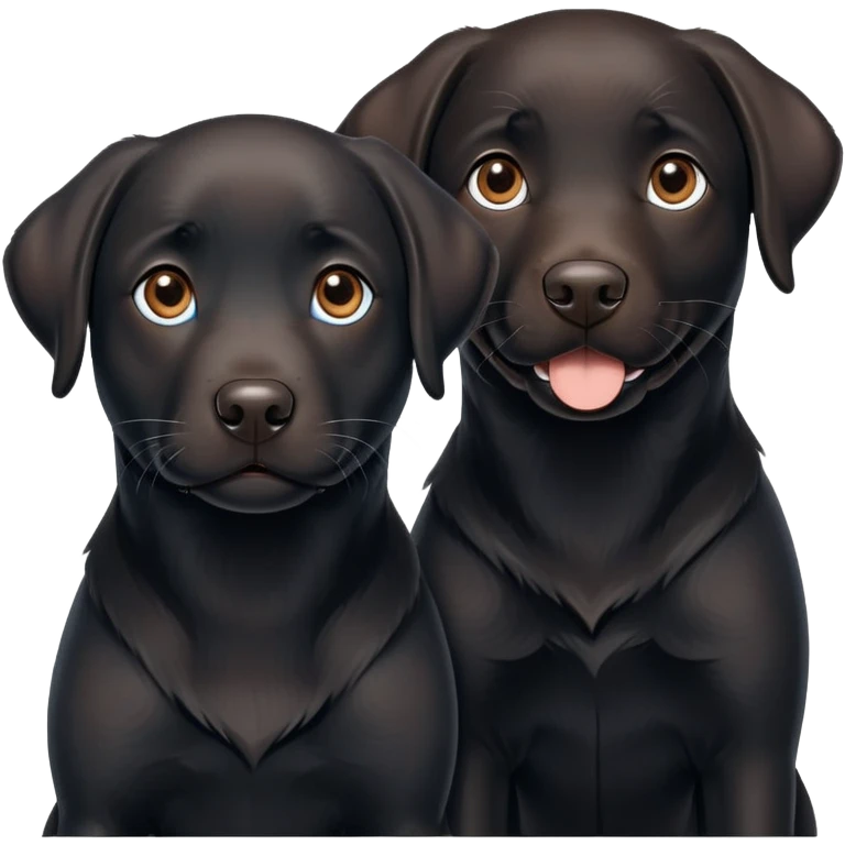 Two black Labrador dogs, one fully black with brown eyes and the other black one with white on his chest and blue eyes emoji
