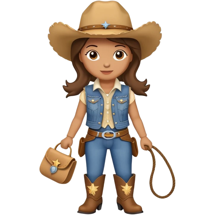 A cuddly cowgirl plush toy with denim vest, cowboy boots and a lasso emoji