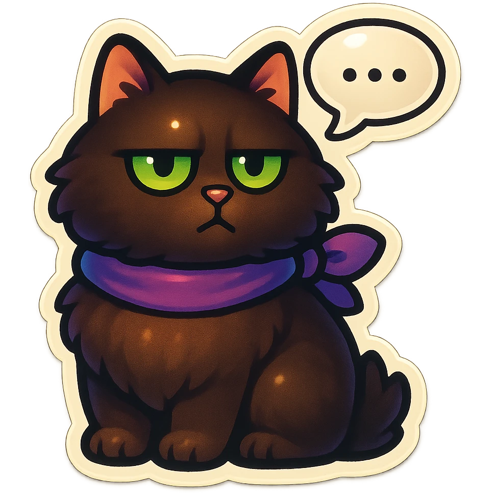 Fluffy dark-brown cat with green eyes and a purple scarf saying ‘…’ with a poker face (with a speech bubble) emoji