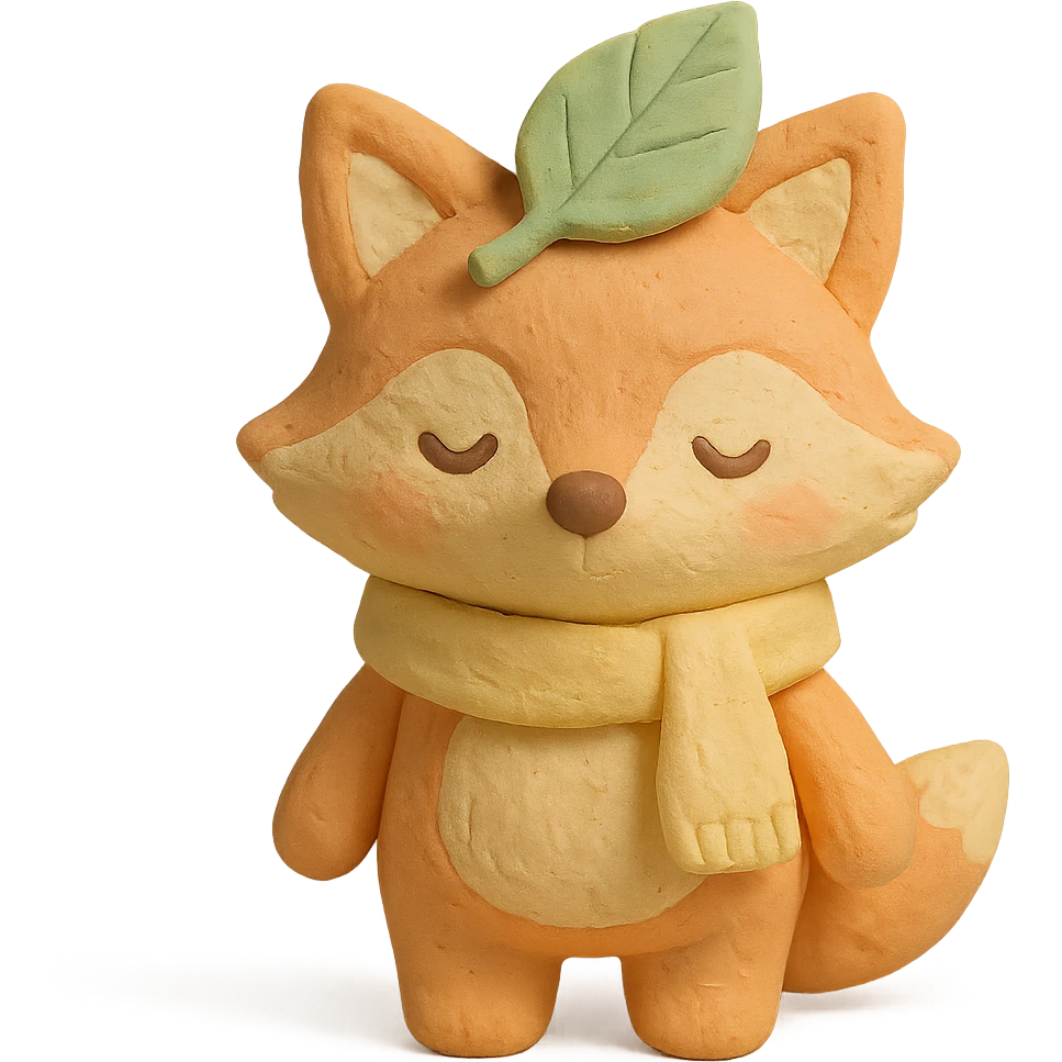 fox wearing a leaf hat and scarf, cute autumn soft style, soft pastel colors, claymation style emoji