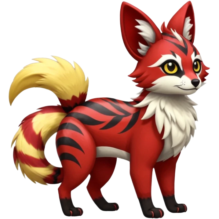 Futuristic sanguine-red banana-yellow black chevron-marked furry fluffy floofy feathery tribal marked Genet-Absol-Kyurem-Zeraora-Primagen-fusion-creature  emoji