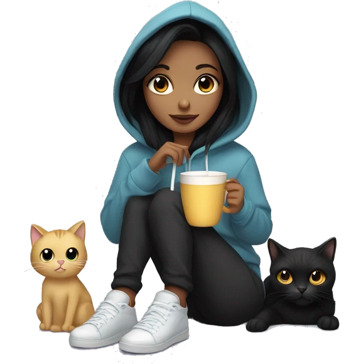 Pretty girl with black hair in a hoodie and sweatpants drinking hot chocolate sitting next to a black cat emoji