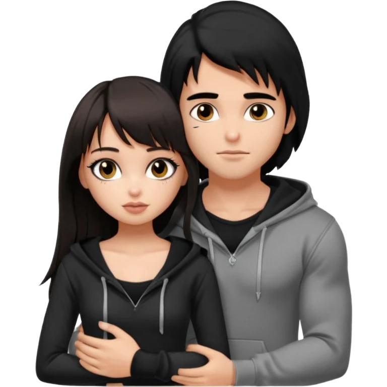 generate a pretty bratz girl in black cami top, dark brown straight long hair with bangs, eyeliner on, 

hugging a handsome muscular boy with black hair and a grey hoodie emoji