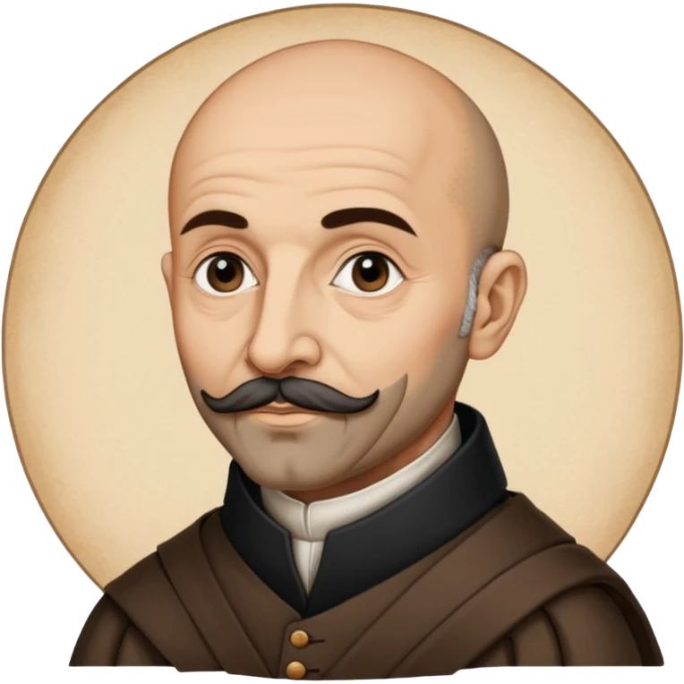 a hand drawn black outline portrait of philosopher Montaigne with similar-sized eyes based a famous portrait of him emoji