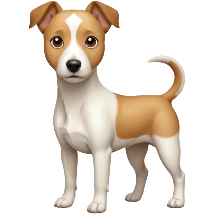 a full body facing front on of a buff white beagle cross jack russell terrier looking dog the size of a kelpie with light brown long ears resting on its face and a light brown patch above one eye and a large snout. the rest of the dog is completely white.  emoji