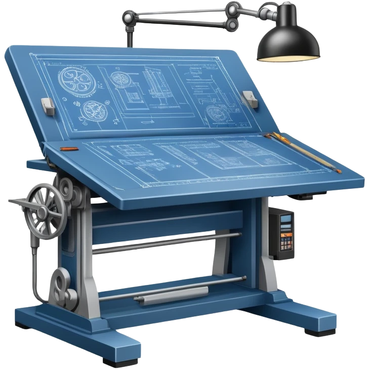 An icon featuring an engineering drafting table with a blueprint, a ready machine, and microchips, symbolizing engineering. The design includes gears, tools, and circuit boards, representing the design, creation, and innovation in technology. Transparent background highlights the science of building emoji
