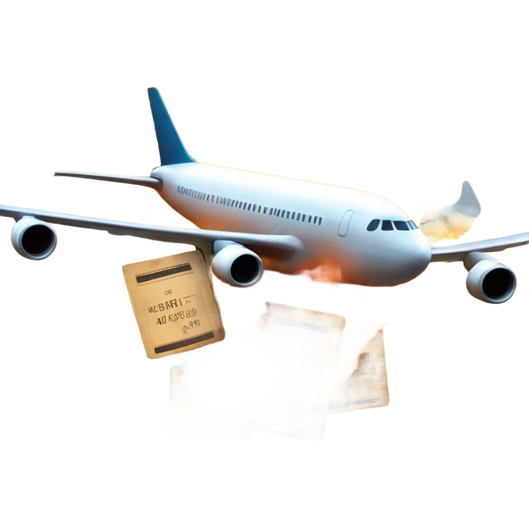 Plane ticket into on fire and in the sky on top of an airplane  emoji