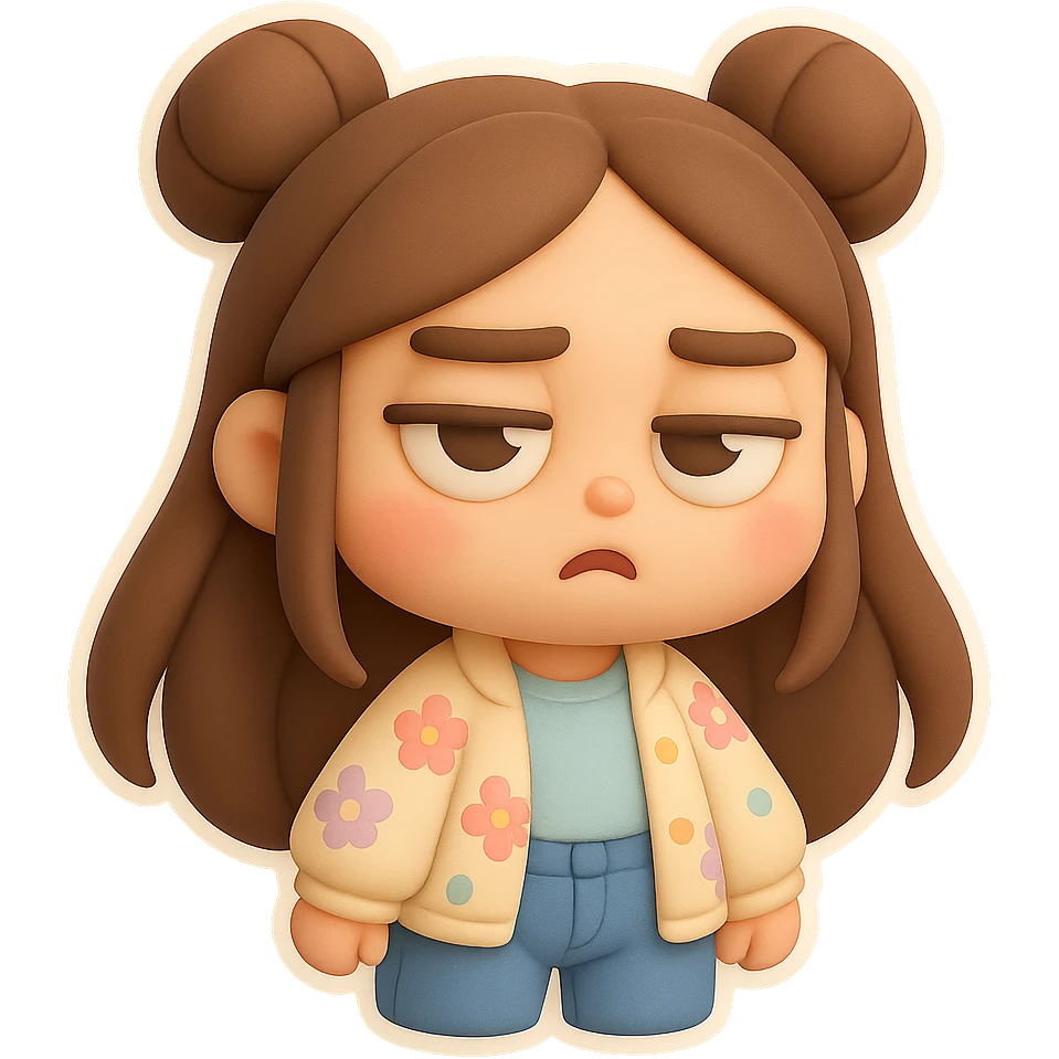 3D chibi style mochi girl, high-quality rendering with smooth shadows and soft gradients, long brown hair in two space buns, brown eyes, jeans, pastel floral cardigan, thick white outline like a sticker, transparent background, rolling her eyes like 'oh please', preserve facial features from reference image emoji