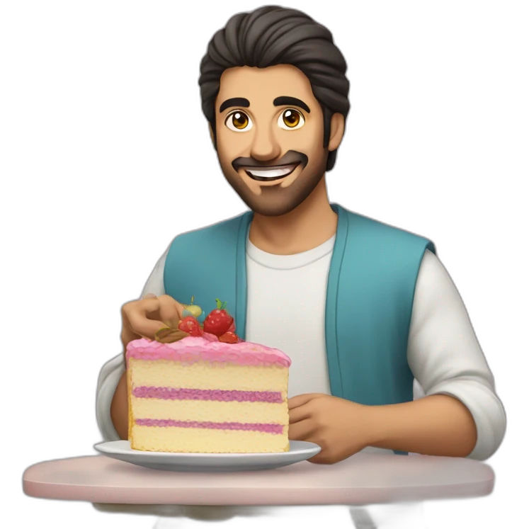 middle eastern man with a pony tail eating a cake emoji