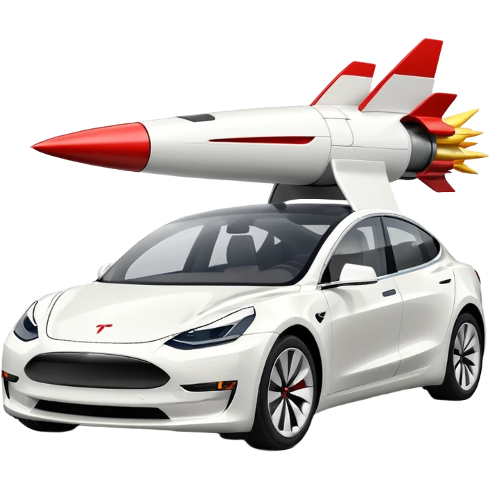 Tesla model 3 white.  Rockets mounted on roof emoji