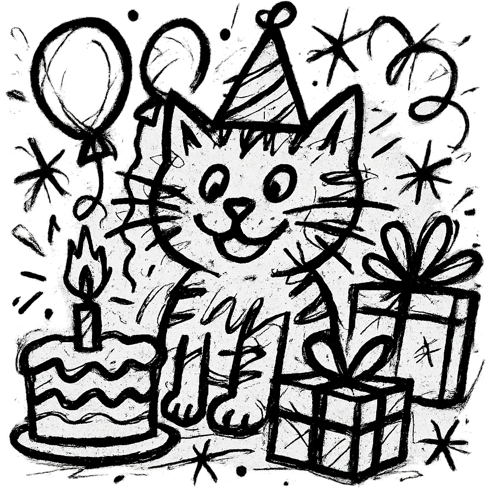 chaotic outlined icon of a ginger tabby kitten wearing a birthday hat, surrounded by a birthday cake, balloons, gifts, and a happy expression emoji