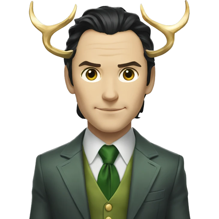 marvel's loki dressed in a grey suit and green tie with loki's golden horns emoji