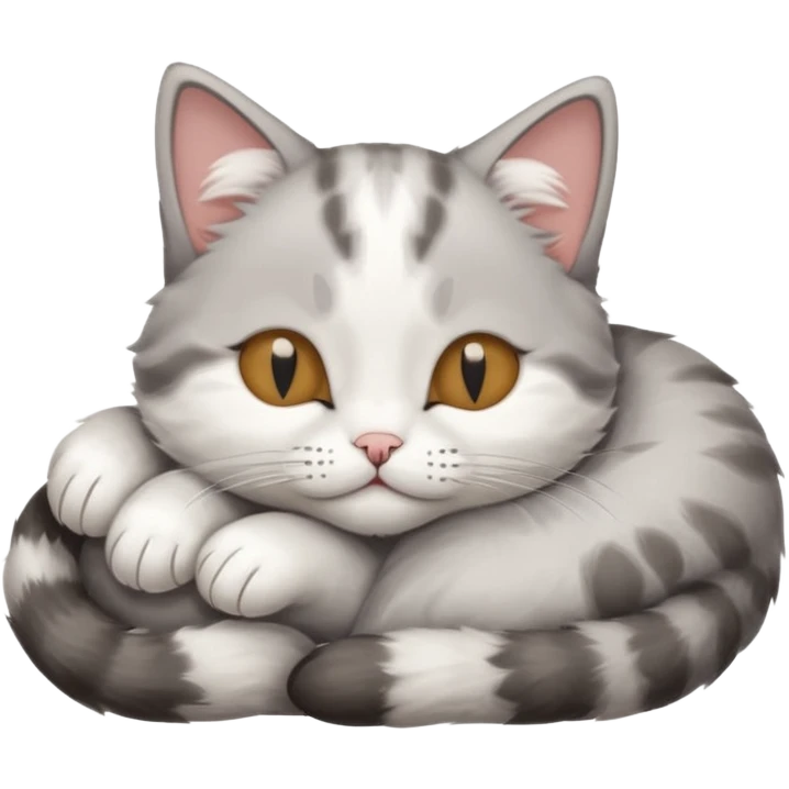 grey and white small cat with eyes closed lying down upside down with its head resting on its paw emoji