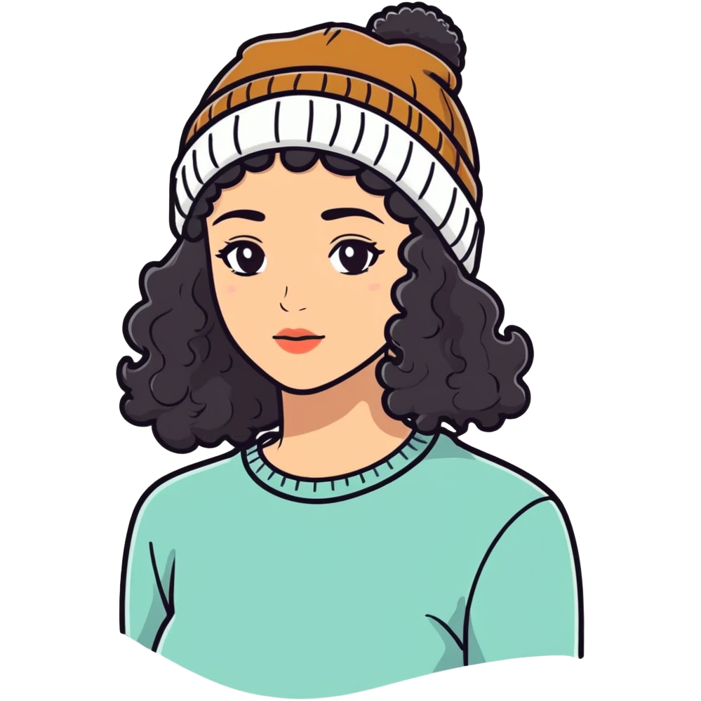 woman with dark curly hair and a beanie emoji