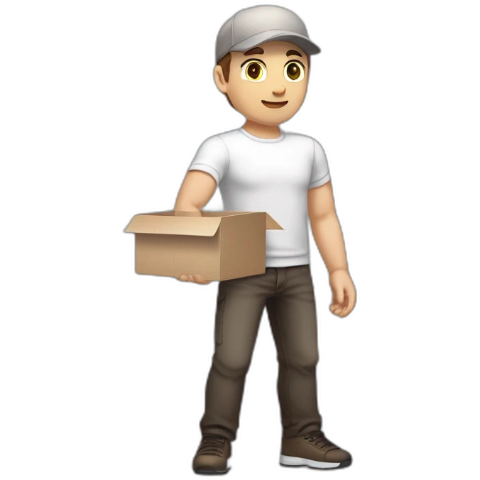 Pale skinned fit Man with dark brown hair in a light gray cap, dark brown jeans, brown polo and white T-shirt keeping a pasted with tape white box into his hands emoji