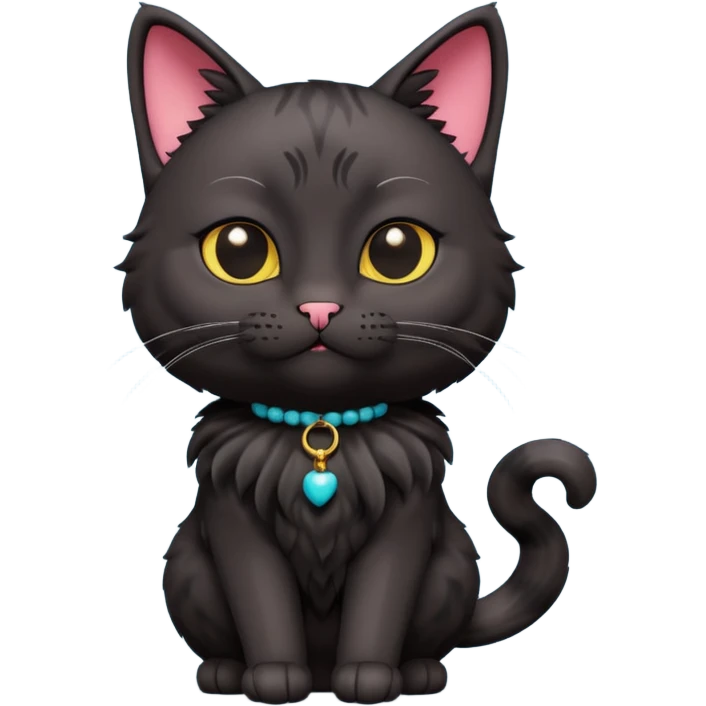 A 3D cartoon black Oriental hair cat with bulky body,Nice  heavy fur, dark cinematic background, Memoji-style. full body or half body. emoji