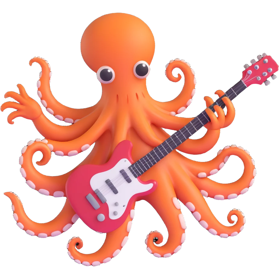 happy octopus with multiple arms playing guitar emoji