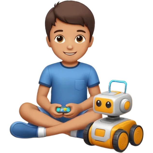 Little boy playing with toy robot on the floor emoji