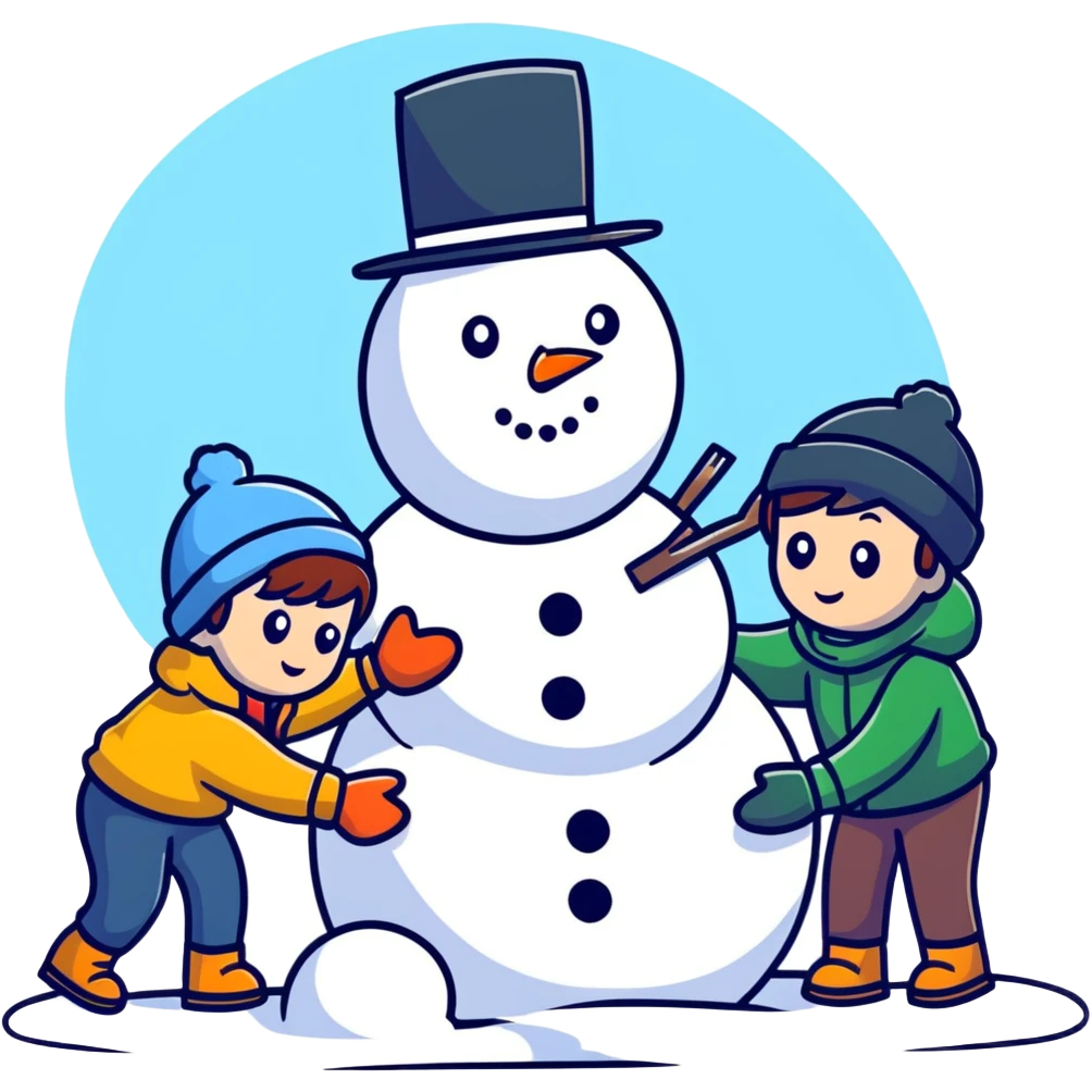 kids building a snowman, cartoonish and fun emoji