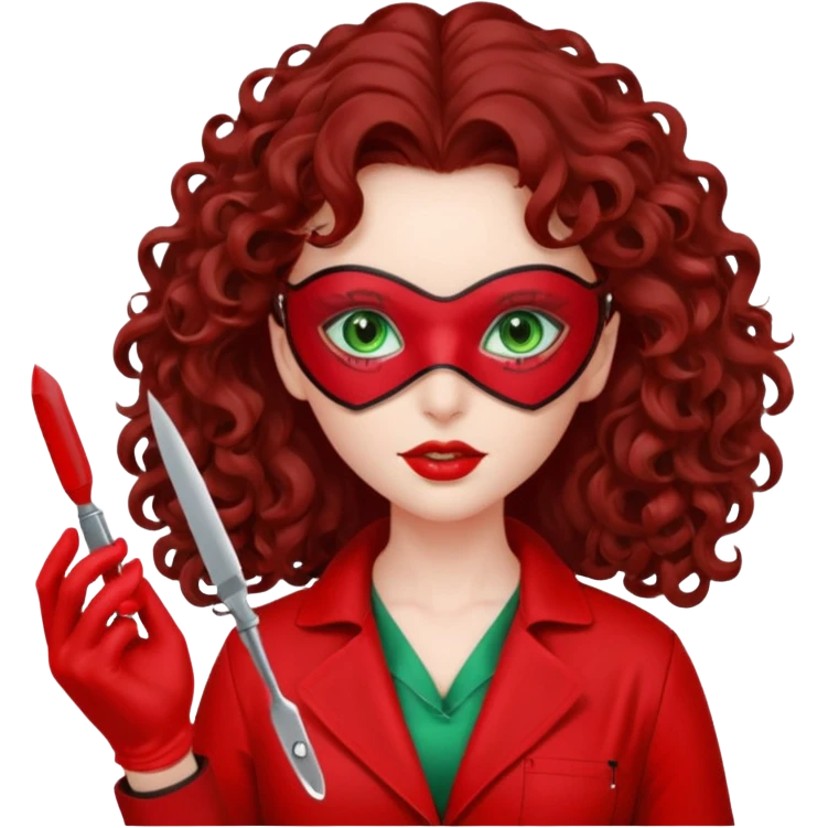 Lilith sexy evil woman. She has green eyes.  had brown long curly hair.  evil surgeon kills with scalpel wears red sexy doctor coat with red long mouth cover red gloves.  emoji