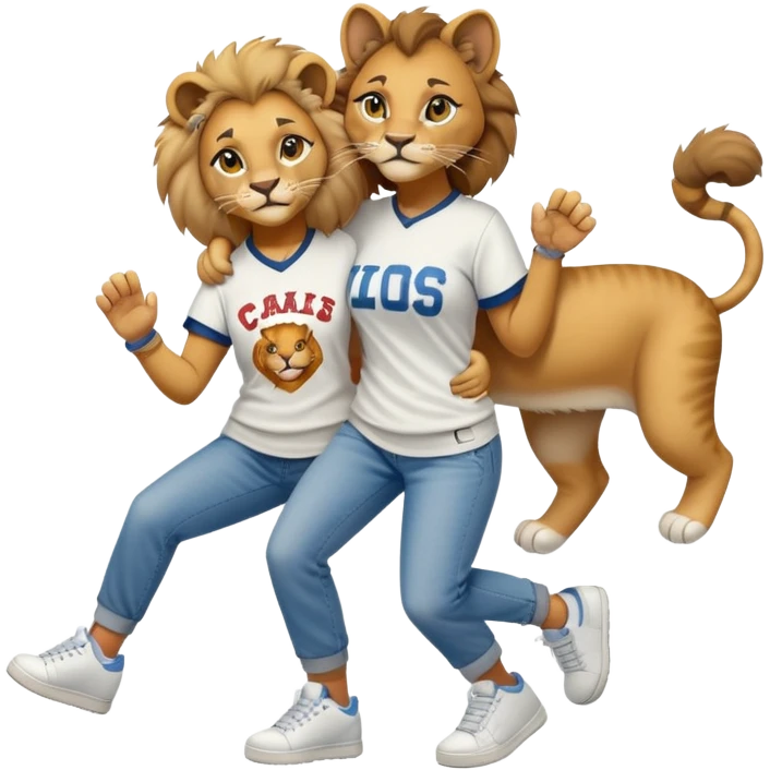 friendly anthropomorphised female lion in a baseball shirt, jeans, and trainers helping a hiphop female cat up after falling emoji