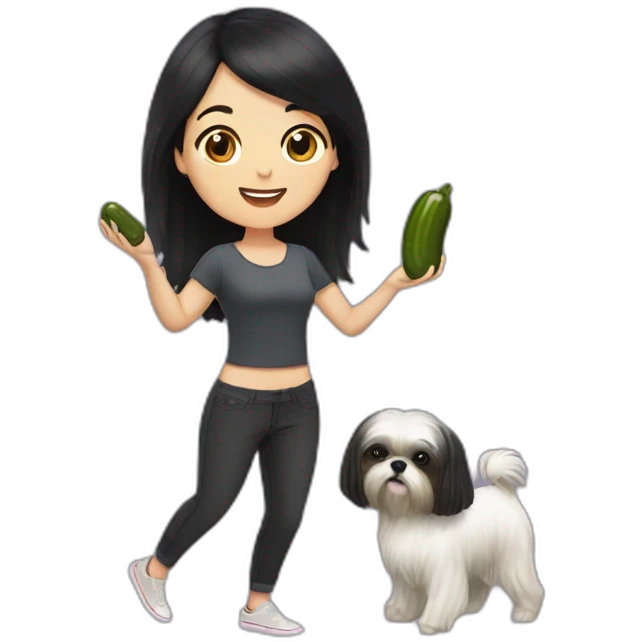 white woman with black long straight hair dancing salsa while eating pickles with a shih tzu dog emoji
