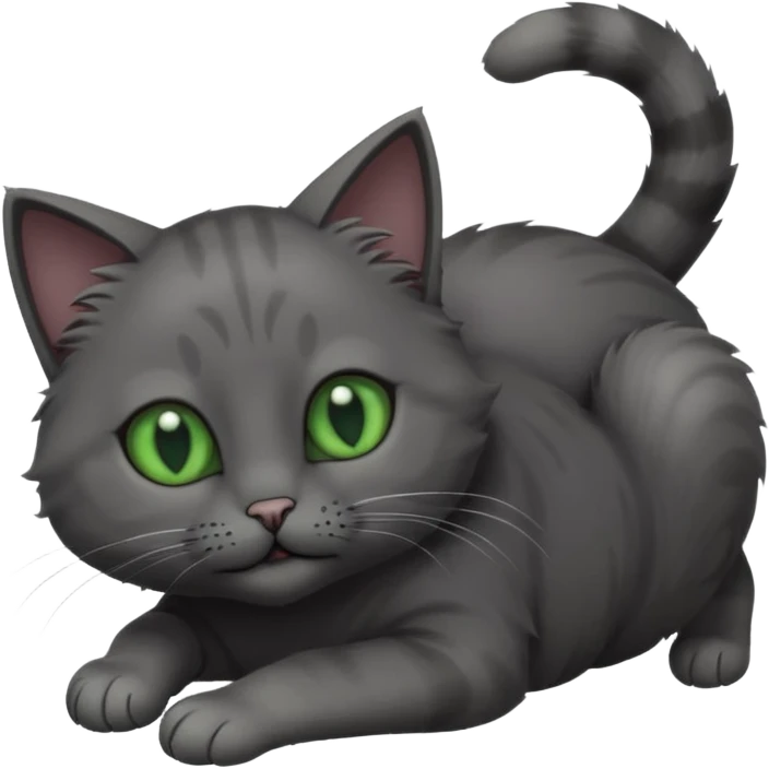 solid dark grey cat with green eyes, completely solid grey face, white toes/paws playfully rolling upside down emoji