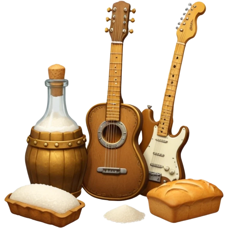 steampunk victorian - a bottle of salt (salt shaker) and a loaf of peasant bread with a small electric telecaster guitar - still life composition emoji