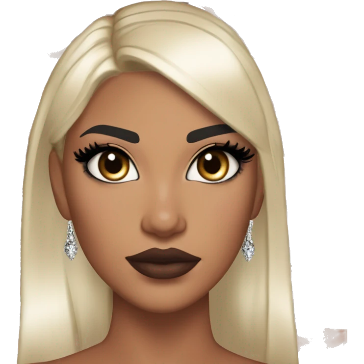 Alexa Demie euphoria sho: warm brown eyes, bold black sharp eyeliner, sparkly rhinestones on eyes, dark arched brows, full nude-berry lips, light skin, high cheekbones, sleek dark brown long straight hair in ponytail.

 emoji